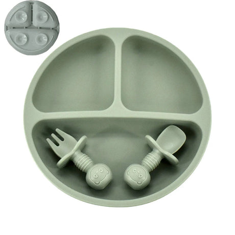 Assiette ventouse et Couverts bébé Vert olive
