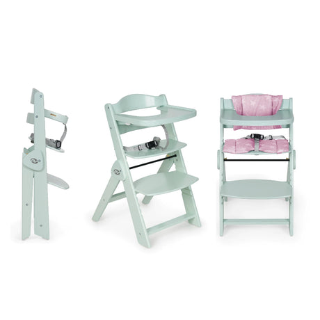 Chaise_haute_pliable évolutive_en_bois vert d'eau et Rose