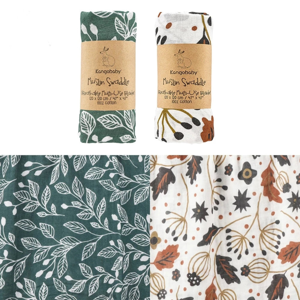 Lot de 2 Maxi Langes bébé Fleuri Feuille vert et marron