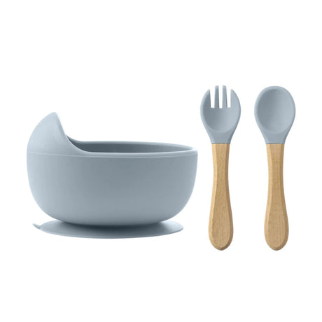 bol ventouse couverts bebe en silicone Bleu vouvert en bois