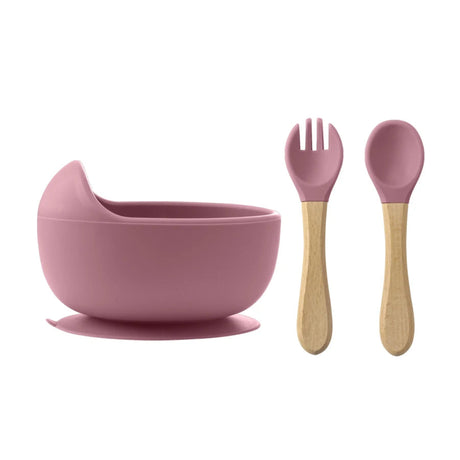 bol ventouse couverts bebe en silicone rose couvert en bois 