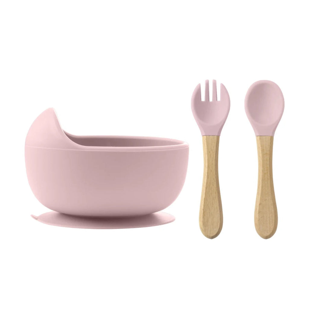 bol ventouse et couverts bebe silicone rose couvert en bois