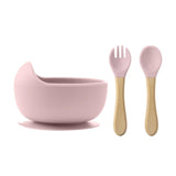 bol ventouse et couverts bebe silicone rose couvert en bois