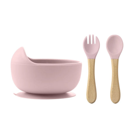 bol ventouse et couverts bebe silicone rose couvert en bois